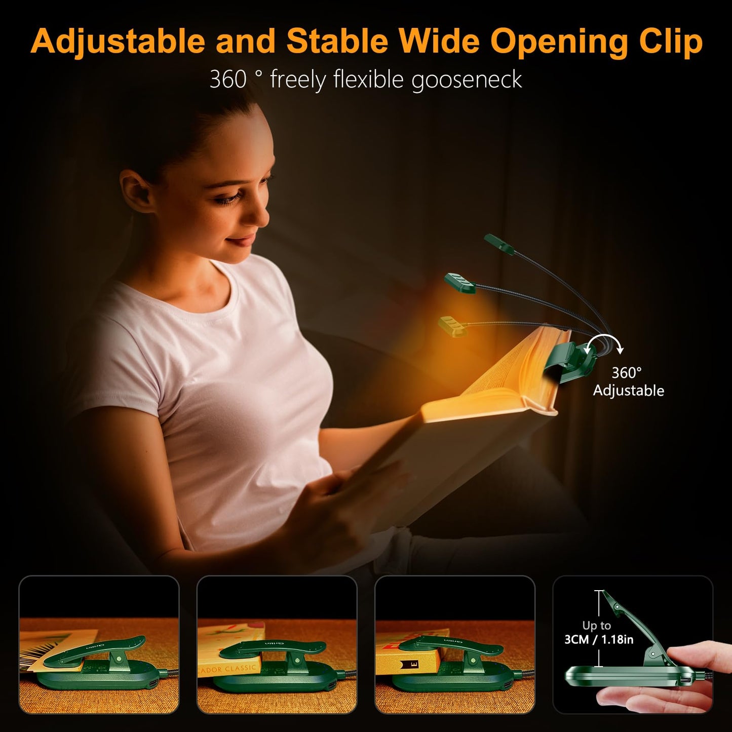 Gritin Rechargeable Book Light for Reading in Bed with 19 LED &Memory Function-Eye Caring 3 Color Temperatures,5 Brightness Levels,80 Hrs Runtime Flexible Goose Neck Clip on Light-Dark Green