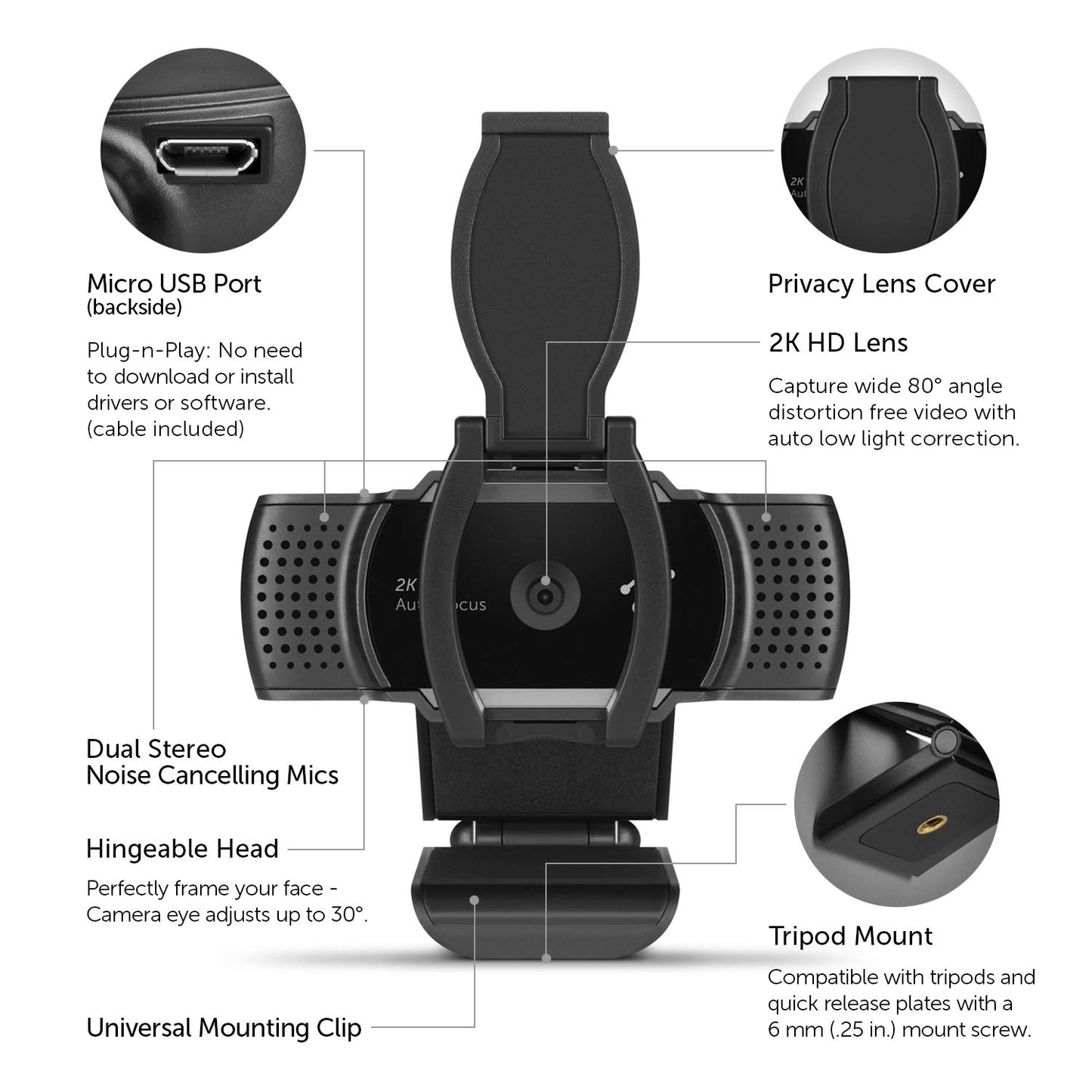 Aluratek 2K HD Webcam with Dual Stereo Noise Cancelling Mics, Auto Focus and Low Light Correction, Built-in Tripod Mount, Universally Compatible