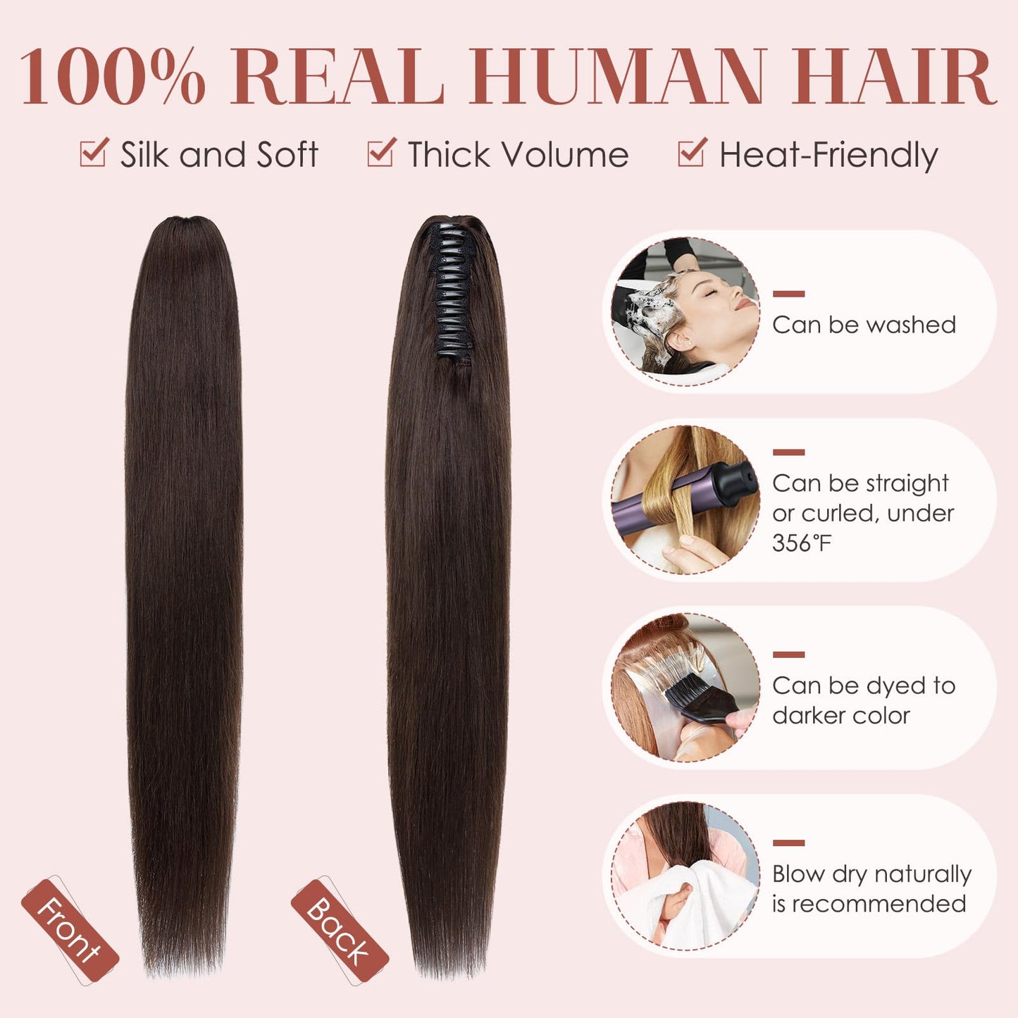 prokyvity Human Hair Claw Clip Ponytail, Claw Clip Human Hair Ponytail,Effortless Application with Secure Hold,Style in Seconds,Quick Styling Solutions for Busy Lives,14"/105g Dark Brown