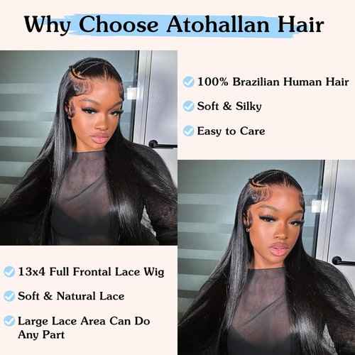 Atohallan 13x4 Straight Lace Front Wigs Human Hair 24 Inch Pre Plucked Human Hair Wig Glueless 180% Density HD Transparent Lace Frontal Wigs Human Hair for Black Women Natural Color(24 Inch)
