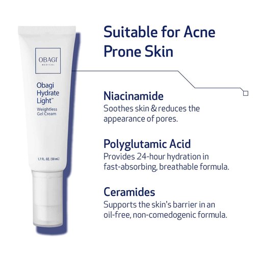Obagi Hydrate Light Weightless Gel Cream – Lightweight Moisturizer for 24 Hour Hydration – Oil Free, Hypoallergenic & Suitable for All Skin Types – 1.7 oz
