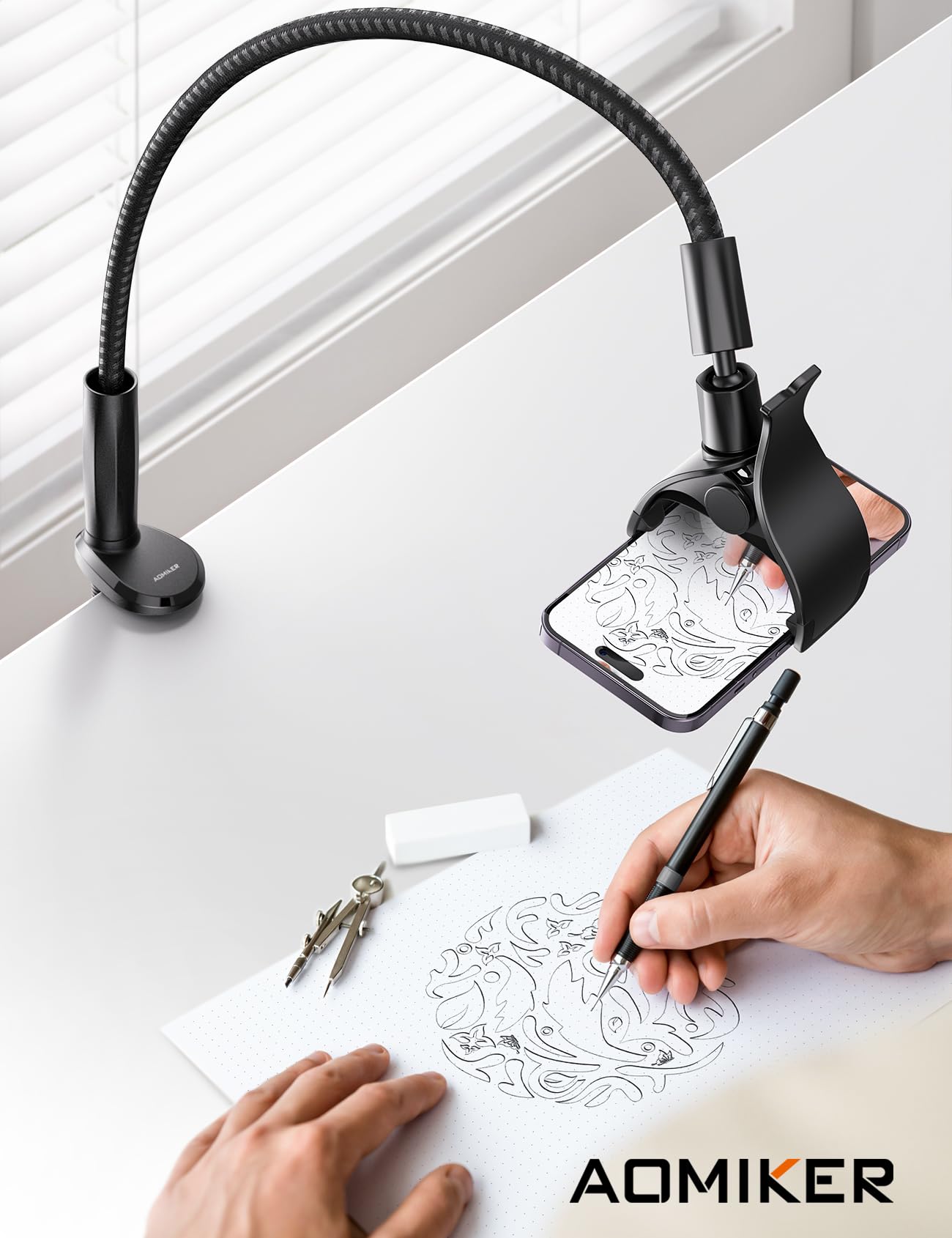 Aomiker Gooseneck Phone Holder for Bed - [2025 Upgrade Nylon Braid] 38” Long Flexible Lazy Arm Clip, 360 Adjustable Overhead Phone Mount for iPhone 15 14 13 12 11 Pro Max Mini Plus, all 4-7" Cellphone