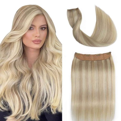 Sindra Wire Hair Extensions Human Hair Ash Blonde Highlights Bleach Blonde Fishing Line Remy Human Hair 22Inch 85g Remy Invisible Wire Extensions W22#18P613