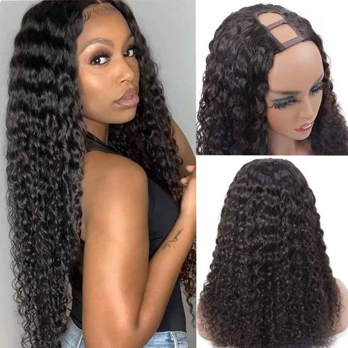 U Part Wig Human Hair Brazilian Deep Wave U Part Wigs for Black Women Virgin Remy Deep Curly Human Hair Wigs Glueless Full Head Clip in Half Wig U Shape Wig 180% Density Natural Color (18 Inch)