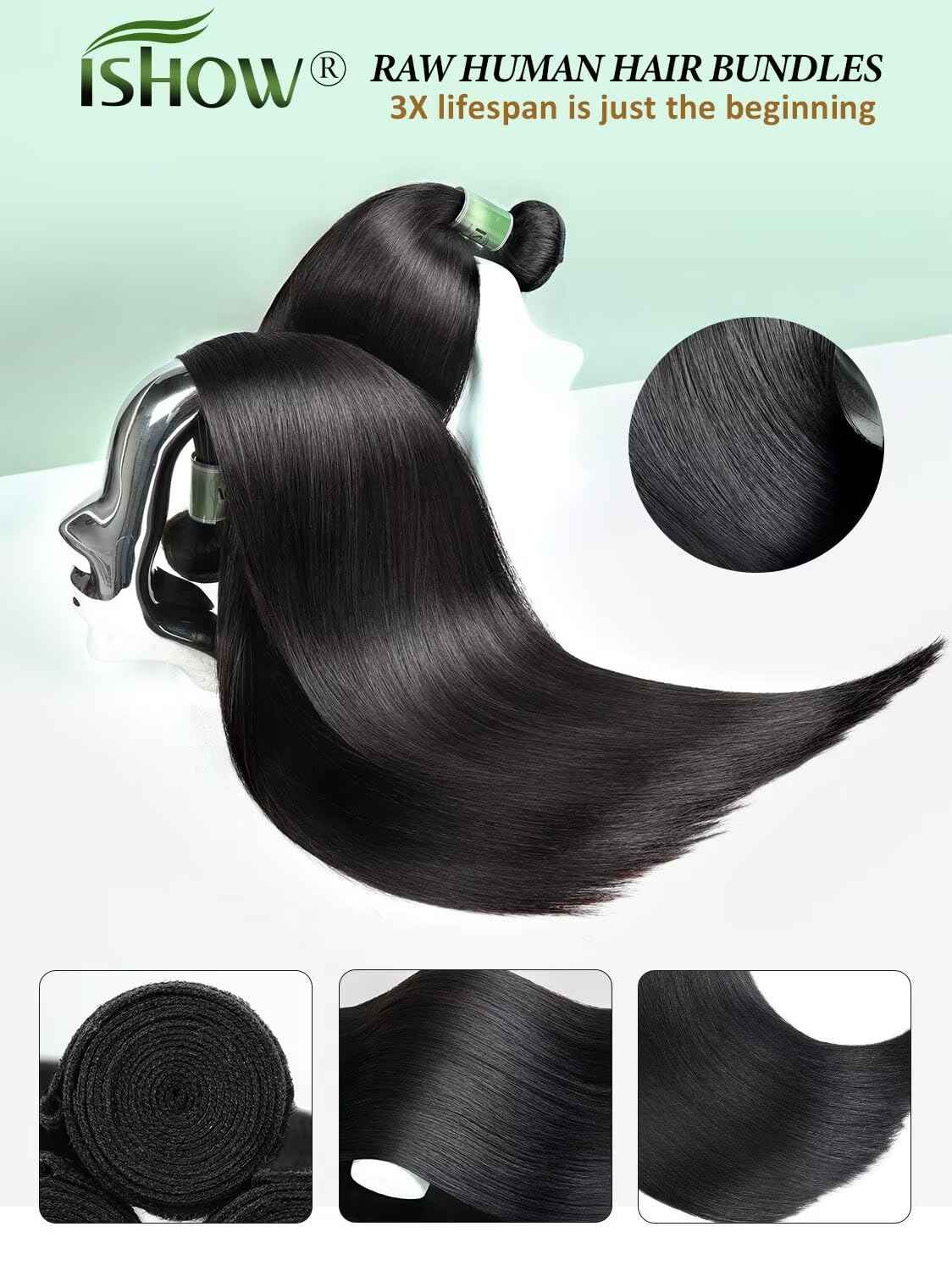 ISHOW Raw Human Hair Bundles, 100% Unprocessed Virgin Human Hair, 15A Straight Premium Quality Bundles Producer, 16 Inch Single Bundle, Long Lasting, Color 1B