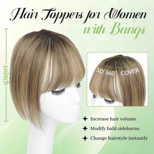 Black and Pretty Hair Toppers for Women Real Human Hair Toppers with Bangs Hairpieces for Women with Thinning Hair 360° Cover Pieces 3 * 4.5 Swiss Base Hairpieces 10Inch (4T427)
