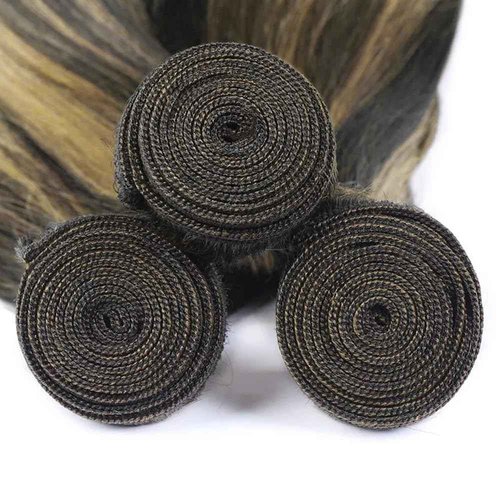 Dokksiiia Highlight Straight Human Hair Bundles P1B27#1B & #27 Piano Color Mix Double Weft Brazilian Virgin Human Hair Sew-In Weave Extensions 14 16 18 Inch Soft & Thick