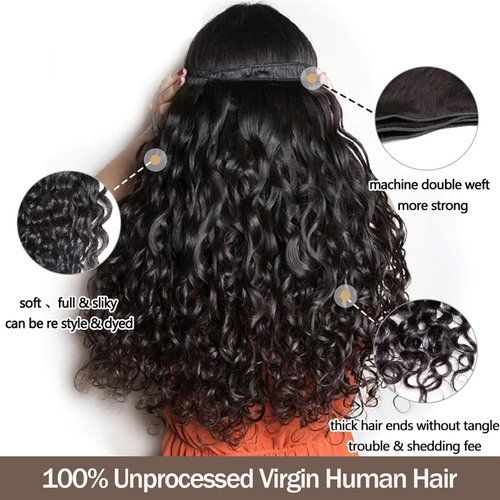 Beaushine Human Hair with Closure Water Wave Remy Virgin Hair 18 20 22+18inch, Wet and Wavy Curly Human Weave Bundles with Lace Closure 10A Brazilian Raw Quick Weave Bundles Natural Black Color