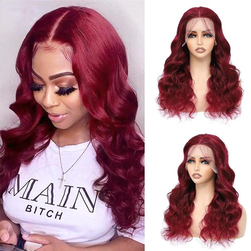 Burgundy 13x4 Lace Front Wigs Human Hair Body Wave Glueless Wine Red 99j Colored Pre Plucked with Baby Hair 180% Density HD Transparent Lace Frontal Wigs for Women (20", Burgundy)