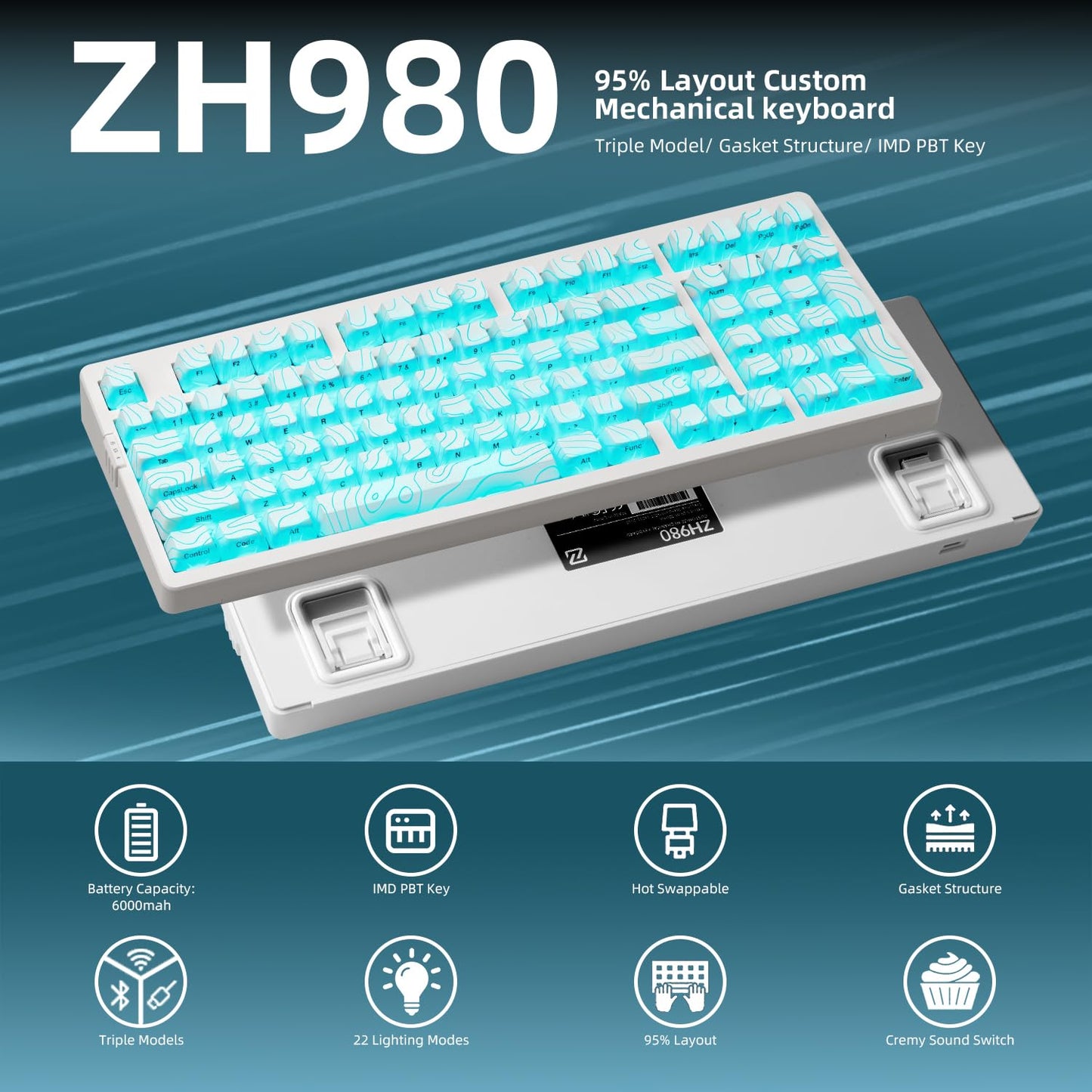 ZORNHER ZH980 Wireless Mechanical Gaming Keyboard,95% White Hot-Swappable Custom Creamy Keyboard with Number Pad,Shine Though IMD PC Keycaps,Pre-lubed Linear Switches,RGB Backlit