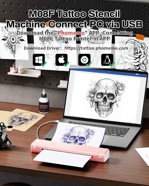 Phomemo M08F Bluetooth Tattoo Stencil Printer with Storage Case & 10pcs Tattoo Transfer Paper, Thermal Transfer Printer Machine for Artists & Beginners, Compatible with Tablet, Phone & Computer