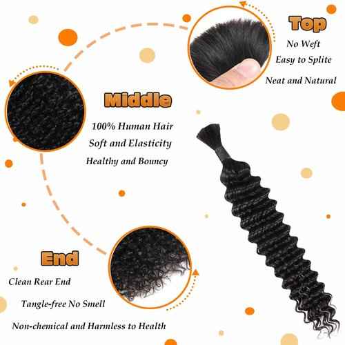 Bohemian Hair for Braiding Human Hair Bundles for Deep Wave Braiding Hair No Weft 1 pack 100g Human Hair Bulk for Braiding Hair Curly Boho Human Hair Natural Black（Deep Wave Human Hair 20inch）
