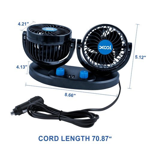 XOOL 12V Car Fan, 360 Degree Rotatable Electric Car Fans, 2 Speed Dual Head Fans with 2 USB Charging Ports, Quiet Strong Cooling Air Fan for Truck Vehicle Boat Van SUV RV