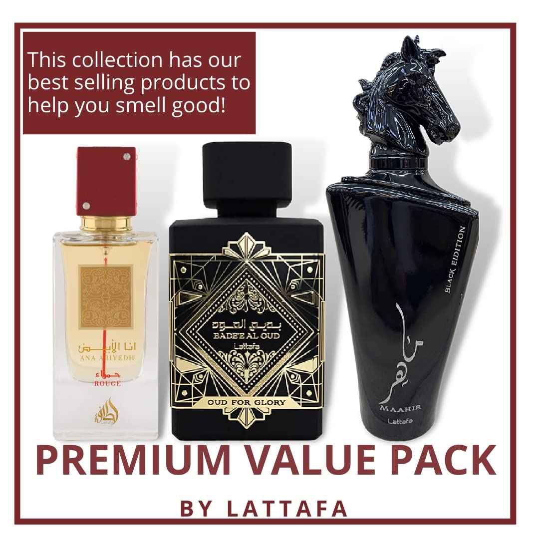 Lattafa Perfumes Bade'e Al Oud For Glory, Maahir Black & Ana Abiyedh Rouge EDP-100ml(3.4 oz)