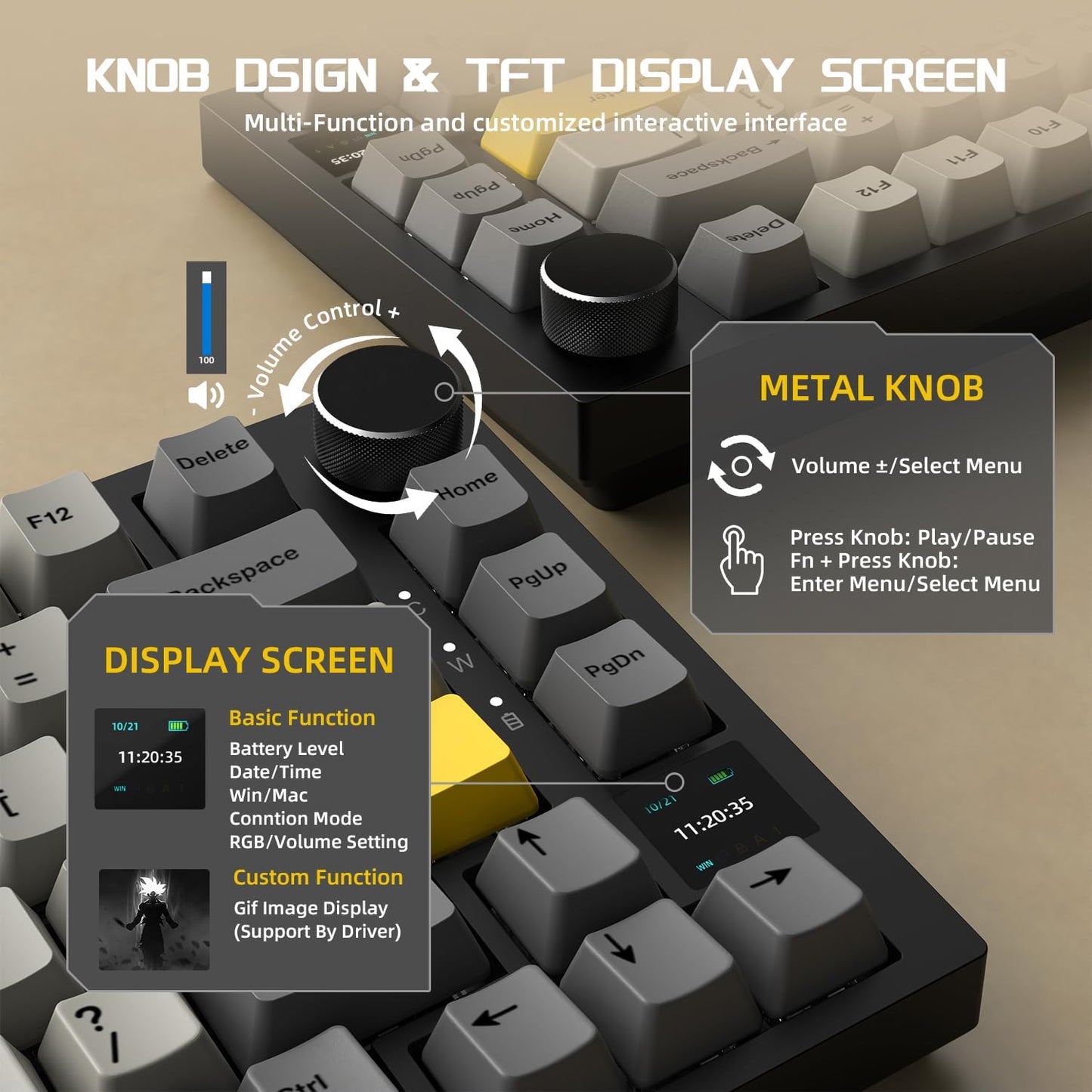Attack Shark ajazz AK820 Mechanical Gaming Keyboard with Knob 75% Keyboard Hot Swappable Type-C Wired Gasket 5-Layer Noise Absorbing Foam White LED Backlit NKRO Linear Red Switch for PC/Win/Mac-Black