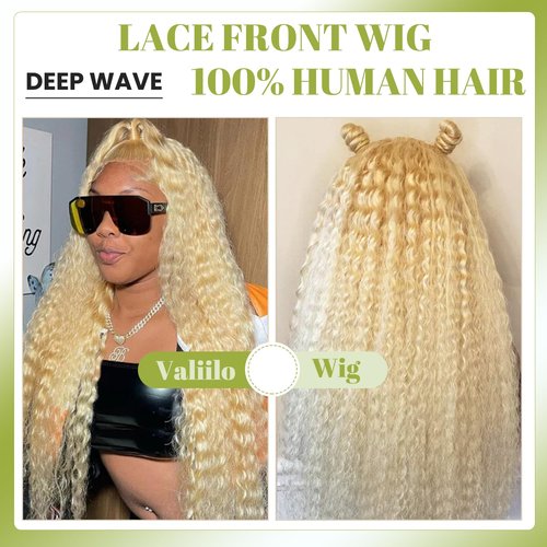 Valiilo 13x6 Lace Front Wigs Human Hair Deep Wave 613 Blonde Lace Front Wig Human Hair Pre Plucked Glueless Wig for Women 22 Inch