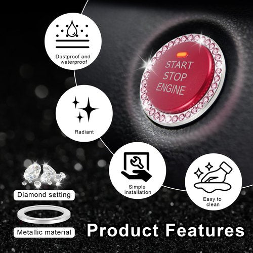 LivTee 2 PCS Crystal Combinatorial Rhinestone Car Engine Start Decoration Ring, Push to Start Button Cover Sticker, Bling Car Interior Accessories for Women, Automotive Decals, Pink