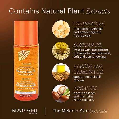 MAKARI Extreme Active Intense Skincare Trio | Argan & Carrot Oil Exfoliating Soap, Botanical Body Oil, and Tone-Boosting Body Glycerin | Brightens, Hydrates, and Fades Marks for All Skin Types Except