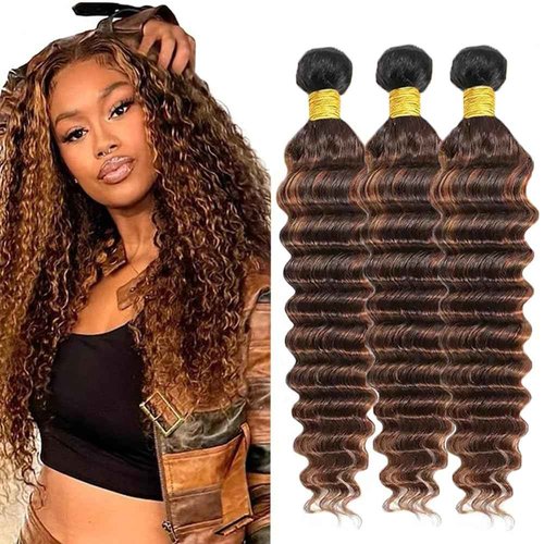 T1BP4/30 Human Hair Bundles Ombre Dark Brown Deep Wave Bundles Light Brown Human Hair 3 Bundles 16 18 20 Inch Unprocessed Brazilian Virgin Human Hair 3 Tone Black and Brown Bundles Double Weft