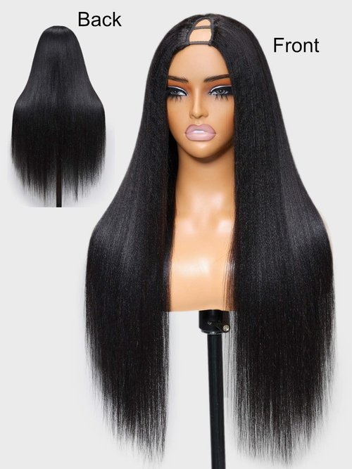 Beauty Forever EasiContour V Part Wigs Human Hair Yaki Straight Upgrade U Part Wigs Glueless Full Head Clip In Half Wig V Shape Drawstring Wigs No Leave Out Natural Color 150% Density 16inch