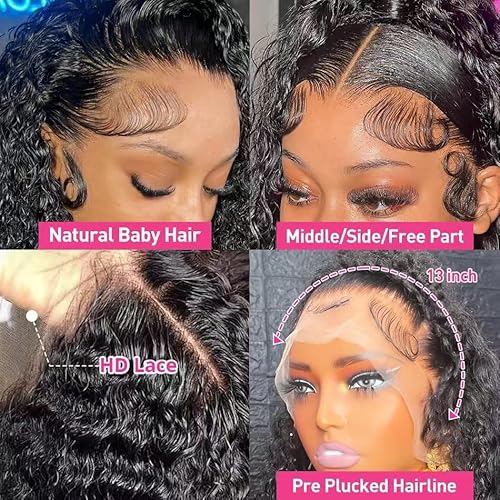 SQU&CIR 28 Inch Deep Wave Lace Front Wigs Human Hair 180% Density 13x4 HD Lace Front Wigs Deep Curly Lace Frontal Wigs Pre Plucked with Baby Hair