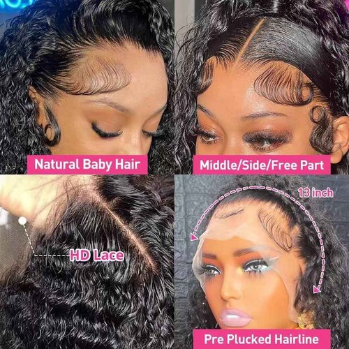 SQU&CIR 16 Inch Deep Wave Lace Front Wigs Human Hair 13x4 HD Lace Front Wigs Human Hair Pre Plucked Brazilian Deep Wave Wig Human Hair Deep Wave Wig 180 Density