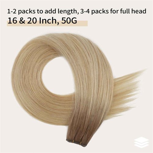 ABH AMAZINGBEAUTY HAIR Genius Weft Hair Extensions Human Hair Sew in Hair Extensions Real Human Hair Weft Extensions Hand Tied Virgin Hair 50G, #R6/18/613 Root Chestnut Brown Highlight Blonde 16 Inch