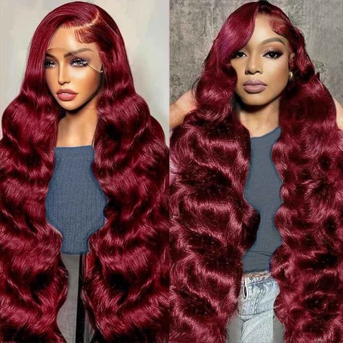 Ding Dian 99J Burgundy Lace Front Wigs Human Hair 26 Inch 13x4 Body Wave Human Hair Wig Pre Plucked Glueless Wine Red Wig HD Lace Frontal Wigs 180 Density for Women