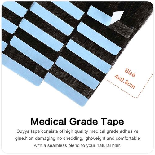 SUYYA Invisible Tape in Hair Extensions Human Hair Natural Black Seamless Injected Hand-Tied Pro Quality Virgin Human Hair 20PCS 50G/Pack Straight Tape Ins(18 inch #1B Off Black)