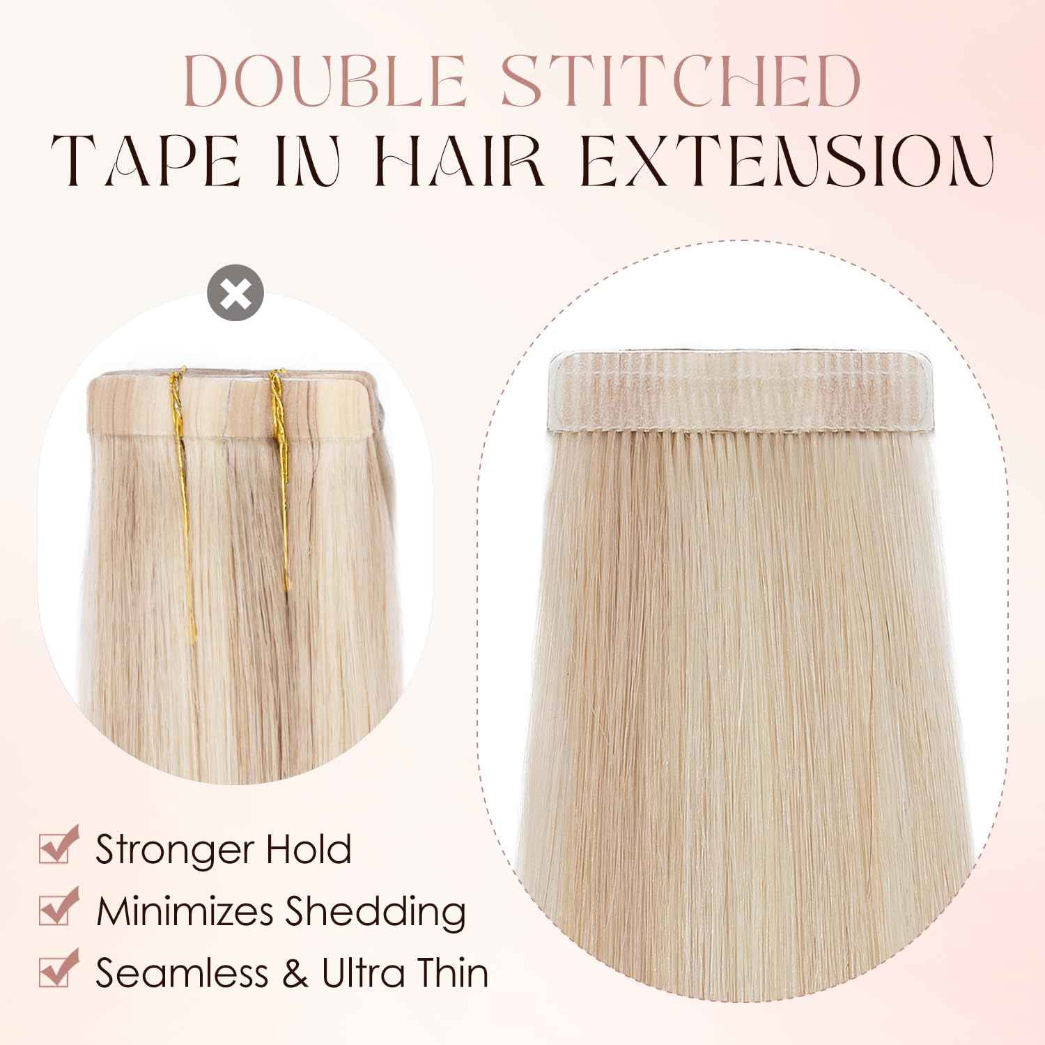 Human Hair Tape in Extensions-Double Stitched,SLEEKALON Free-cut Mini Tape ins Real Hair Extension Highlights Plae Blonde mix Brown Seamless Straight Double Side Tape Hair-20 Inch,20pcs 50g,#16P22