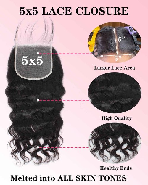 Loose Wave Bundles Human Hair with 5x5 Closure, (18 20 22+16) 12A 100% Real Human Hair Loose Deep Wave Bundles with HD lace Closure Unprocessed Brazilian Virgin Human Hair Extension Natural Color