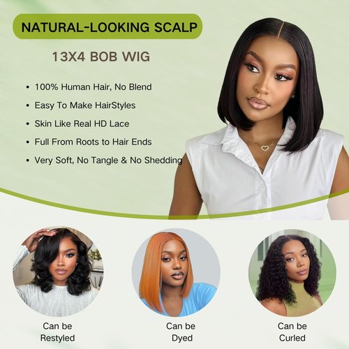 YFOXI Glueless Bob Wig Human Hair 13x4 HD Transparent Lace Front Wigs Short Bob Wig Glueless Wigs Human Hair Pre Plucked Bleached Knots Straight Lace Front Wigs For Black Women（16 Inch）
