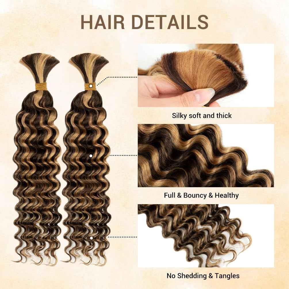 Human Braiding Hair for Boho Knotless Braids 2 Bundle 16 Inches 80g Deep Wave Bulk Human Hair for Braiding Hair Wet and Wavy 10A Brazilian Virgin Human Hair Balayage Brown to Blonde 4P27