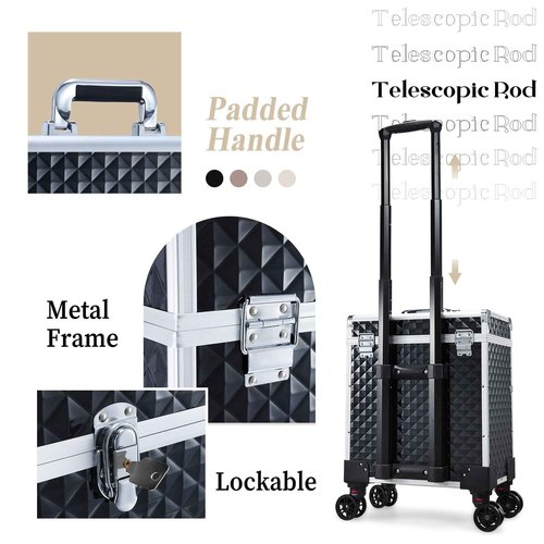 Adazzo Professional Rolling Makeup Case with Drawer for Makeup Artists Cosmetic Train Case Large Storage Case for Nail Technicians Cosmetology Case with Detachable Bag for Hairstylist Black