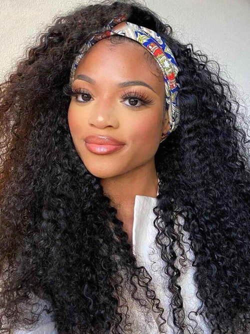 V SHOW Glueless Curly Headband Wig Human Hair 180% Density Thick Throw & Go Kinky Curly Headband Wigs for Women 16 Inch None Lace Front Wigs Wear and Go Glueless Human Hair Wigs