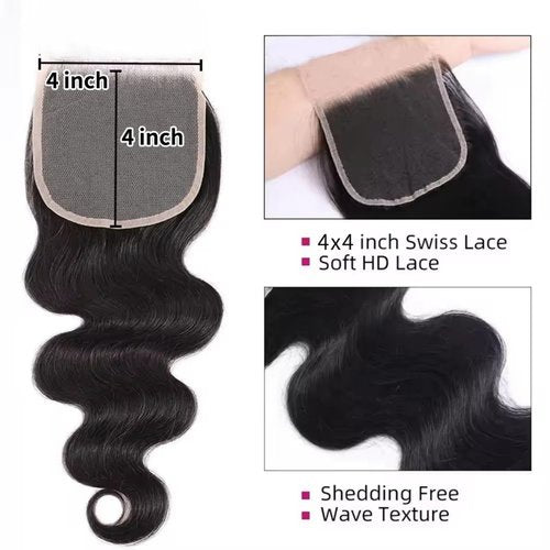 Brazilian Body Wave Virgin with Lace Closure(16 18 20 with14 Closure) Human Hair Unprocessed Hair with Closure 4X4 Lace Natural Black Hair