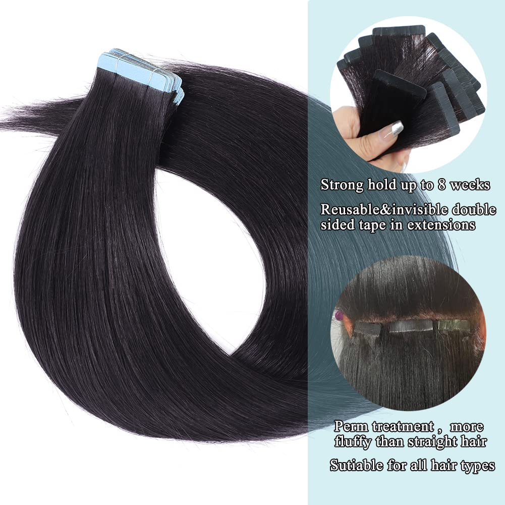 40 PCS Tape in Hair Extensions Human Hair Black Women Yaki Straight Tape in Extensions Human Hair 16 Inch Light Yaki Invisible Skin Weft Double Sided Tape Remy Hair Extensions Natural Black Color