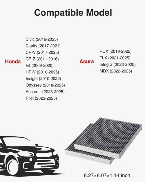 Puroma 2 Pack Cabin Air Filter with Activated Charcoal Layer Replacement for CP182, CF11182, Honda Civic, Clarity, CR-V, CR-Z, HR-V, Fit, Insight, Odyssey, Acura MDX, RDX, TLX, INTEGRA