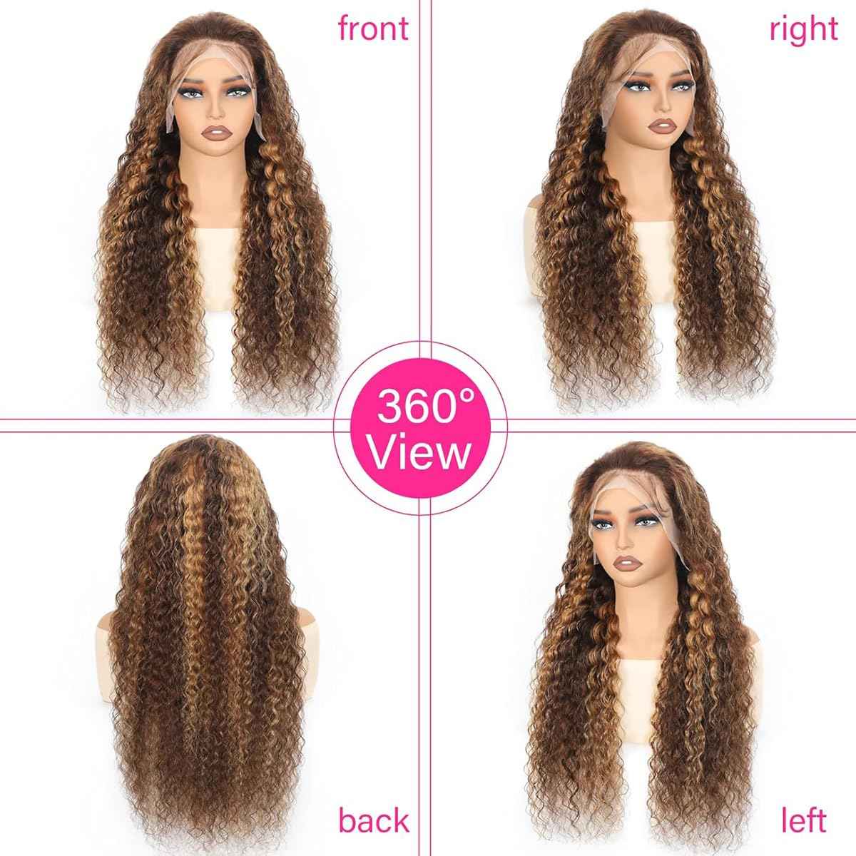 Highlight Lace Front Wig Human Hair 13x4 Ombre Deep Wave Wigs Human Hair 180% Density Honey Blonde Colored Deep Curly HD Lace Frontal Wigs for Black Women Wet Wavy Pre Plucked with Baby Hair(26 Inch)