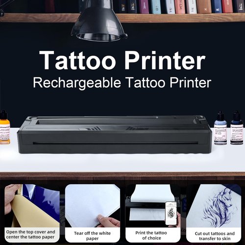 New Tattoo Stencil Printer - Wireless Bluetooth Thermal Kit with 10 Transfer Papers, Fits Custom-Size A4-A8 Width Thermal Paper, Works for Phones/Tablets/PC/Mac, for Artists & Beginners (Black)