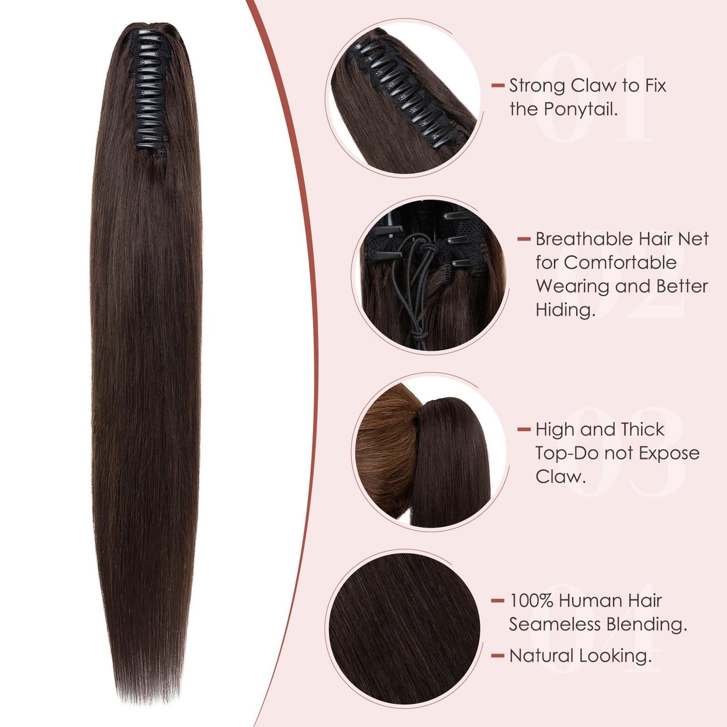 prokyvity Human Hair Claw Clip Ponytail, Claw Clip Human Hair Ponytail,Effortless Application with Secure Hold,Style in Seconds,Quick Styling Solutions for Busy Lives,14"/105g Dark Brown