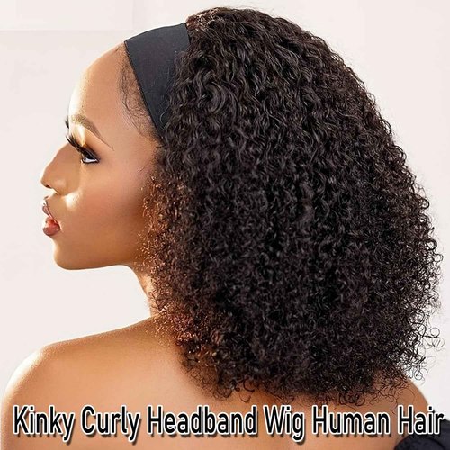 Coshgirl Kinky Curly Headband Wig Human Hair Curly Headband Wig Human Hair Machine Made Glueless None Lace Front Wig Brazilian Virgin Human Hair for Black Women Natural Color 24Inch