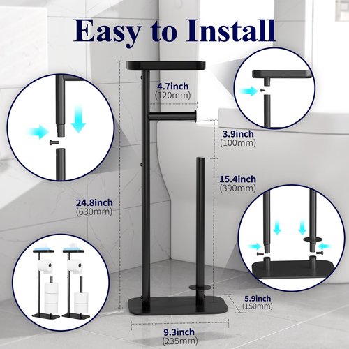 Kitsure Toilet Paper Holder Free Standing – Rustproof Metal Toilet Paper Stand for 4 Rolls with Anti-Slip Base and Shelf for Phone & Small Items, Bathroom Organizers and Storage, Medium, Black, 2Pack