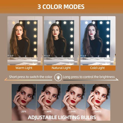 Misavanity Vanity Mirror with RGB Backlight 32’’x23’’ LED Makeup Mirror with 18 Dimmble 3 Color Modes Bulbs Light up Mirror with 10X Magnification and Smart Touch, White