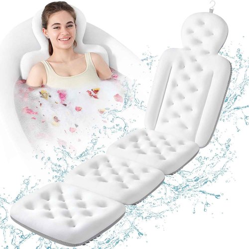 Luxury Bath Cushion, Full Body Bathtub Pillow with 160 Suction Cups, Bath Mat for Head and Neck Support, with Laundry Bag (White, 60.2" x 16.2")