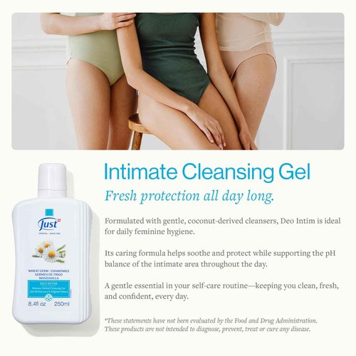 SwissJust Deo Intim Cleansing Gel 250ml. Feminine Wash Formulated with Rich Ingredients. A Delicate Cleansing Gel and pH Balancing Cleanser. Moisturizing Feminine Care & Gentle Wash