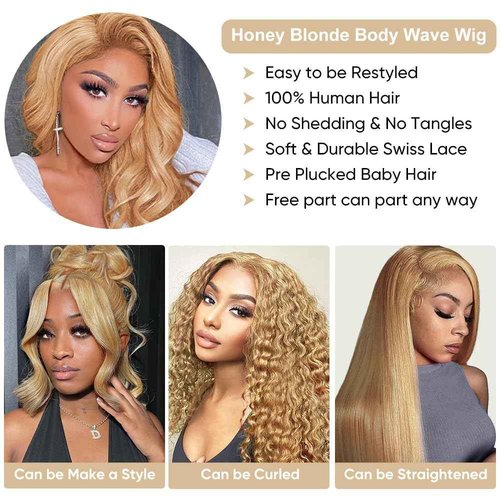 zamsta Honey Blonde Wig Human Hair 13x6 Body Wave HD Lace Front Wigs Human Hair Pre Plucked 180% Density Honey Blonde Lace Frontal Wigs 27# Blonde Colored Wig Human Hair 28 Inch