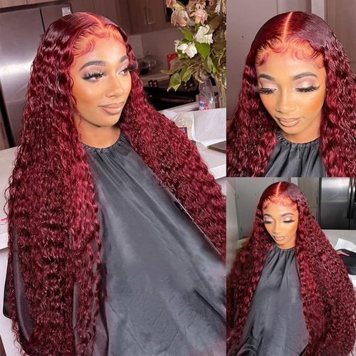 Fuduete 99J Burgundy Deep Wave 13x6 Lace Front Wigs Human Hair 200% Density Lace Frontal Wigs Human Hair Pre Plucked 99j Burgundy Deep Curly Wave HD Lace Front Wigs for Women (16Inch)