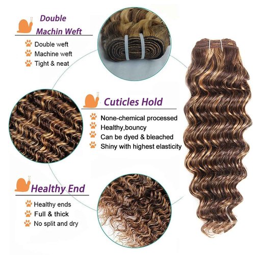 Blonde Highlight Human Hair Bundles with Closure (14 16 18+14 inch) 10a Brazilian Deep Wave Bundles Human Hair with 4X4 Free Part Closure 4/27 Ombre Brown Bundle