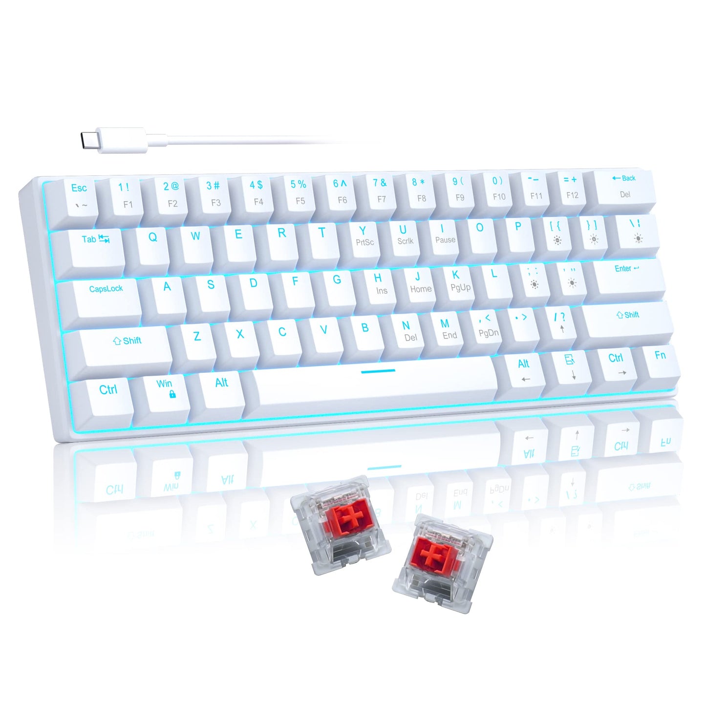 60% Mechanical Gaming Keyboard, White Gaming Keyboard with Red Switches, Detachable Type-C Cable Mini Keyboard with Blue LED Light for/PC/Laptop